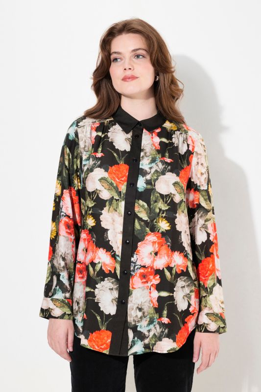 Rose Print Long Sleeve Viscose Button-Down Shirt