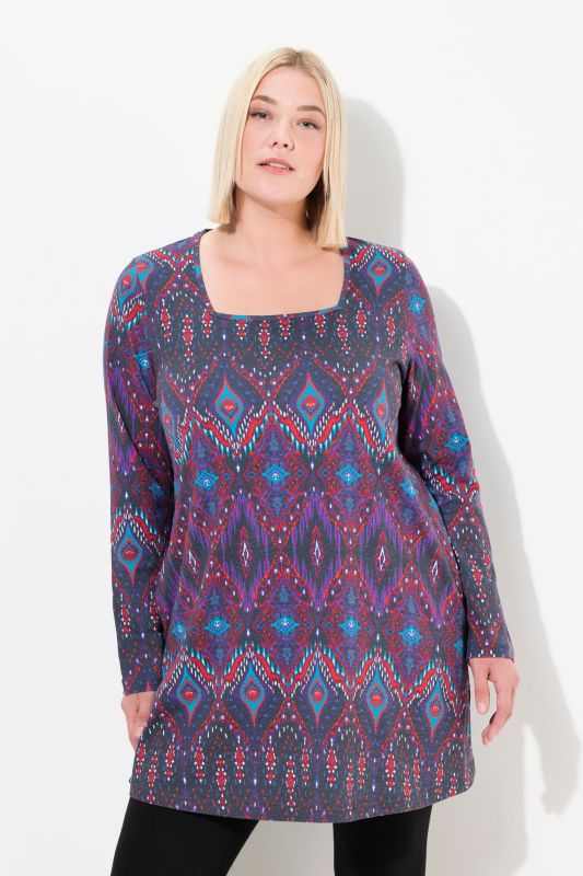 Ikat Print Swing A-Line Hem Cotton Knit Tunic