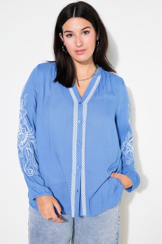 Embroidered Detail Split Neck Blouse