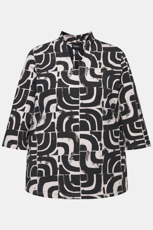 Geometric Print Goblet Collar 3/4 Sleeve Tee