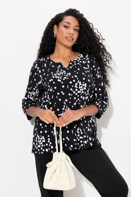 Polka Dot 3/4 Sleeve Split Neck Tee