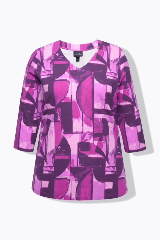 Abstract Print 3/4 Sleeve V-Neck Tee