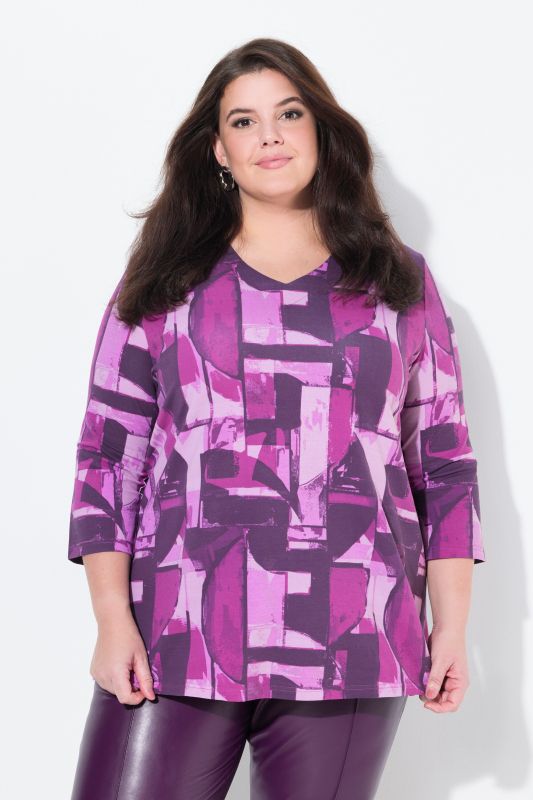 Abstract Print 3/4 Sleeve V-Neck Tee