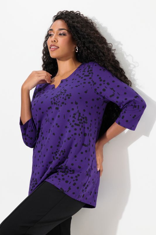 Polka Dot 3/4 Sleeve Split Neck Tee