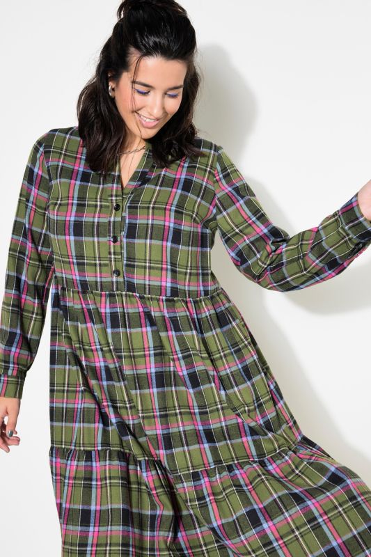 Flannel Check Empire Long Sleeve Dress