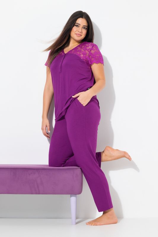 Lace Panel Two Piece Pajama Set