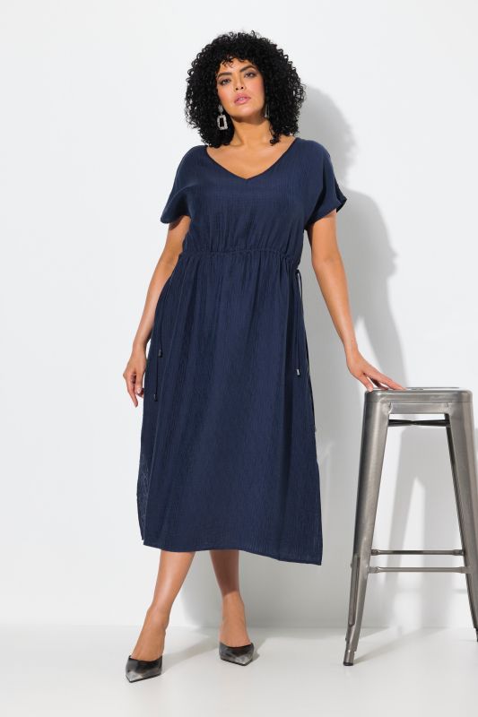 Drawstring Waist Cap Sleeve V-Neck Dress