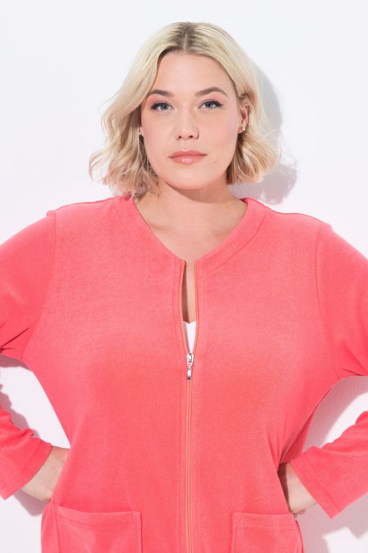 Long Zip Front Cotton Blend Terry Bathrobe