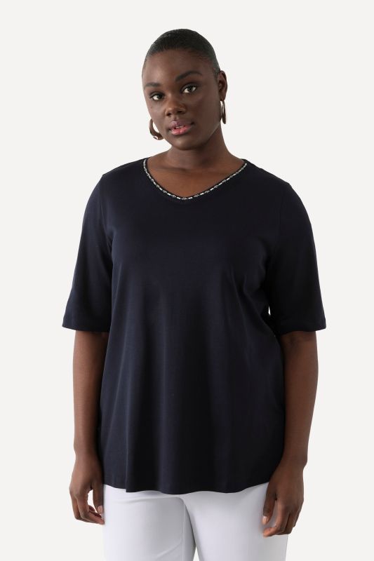 Pima Cotton A-line Embroidered V-Neck Short Sleeve Tee