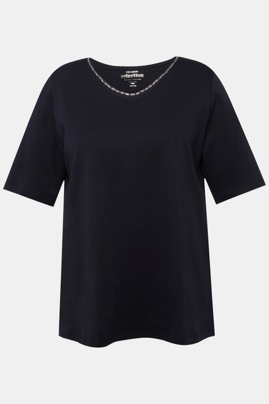 Pima Cotton A-line Embroidered V-Neck Short Sleeve Tee
