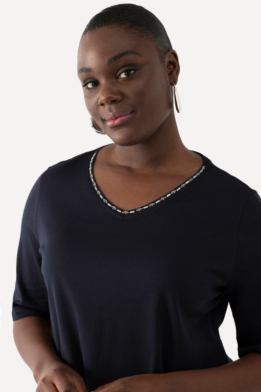Pima Cotton A-line Embroidered V-Neck Short Sleeve Tee