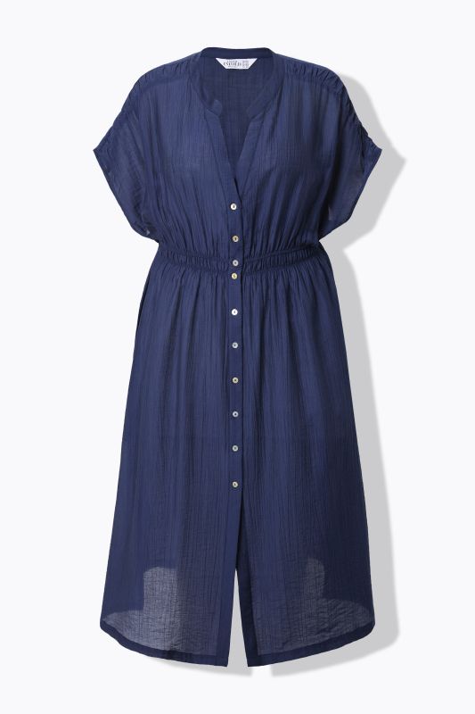 Textured Button-Down Cap Sleeve Dress