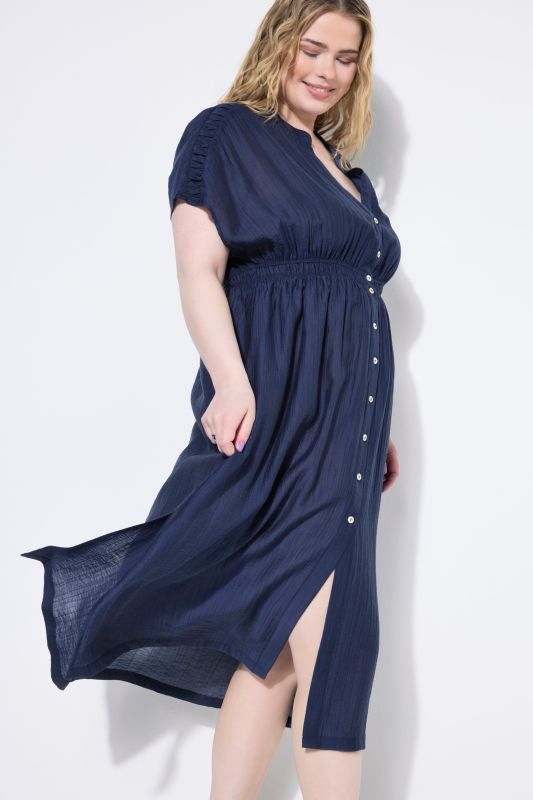 Textured Button-Down Cap Sleeve Dress