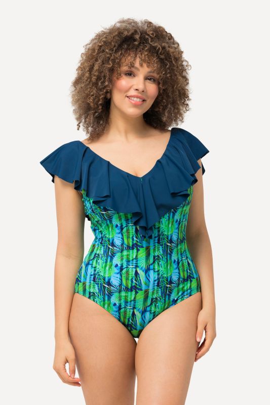 Leaf Print Flounce Panel One Piece Swimsuit
