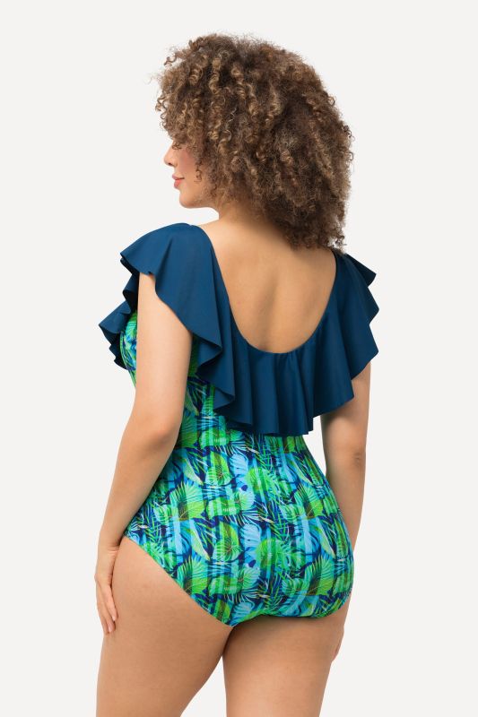 Leaf Print Flounce Panel One Piece Swimsuit
