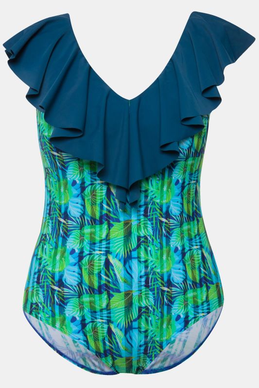 Leaf Print Flounce Panel One Piece Swimsuit