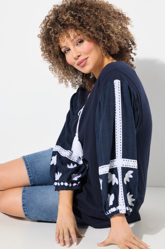 Textured Embroidered Long Sleeve Blouse