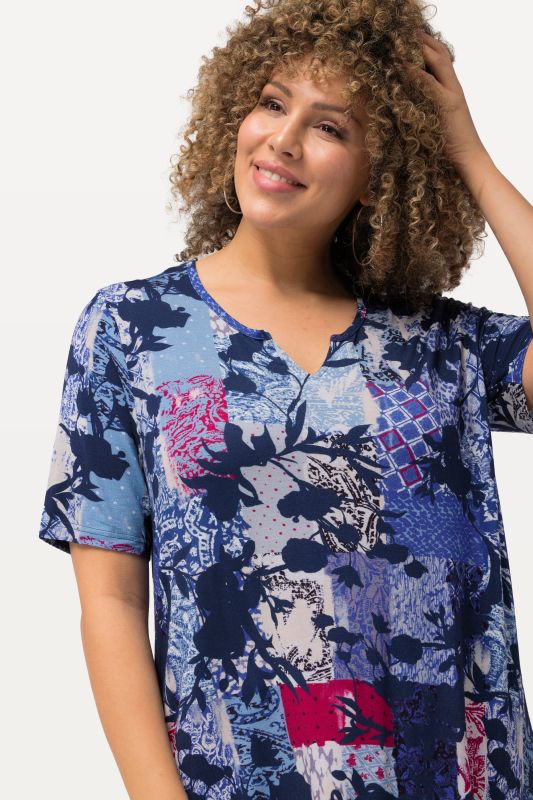 Floral Patch Print Short Sleeve Knit Tunic