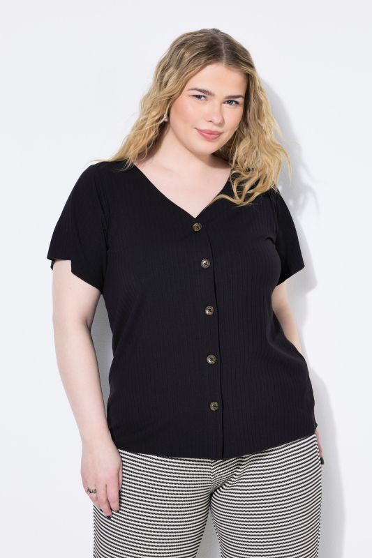 Ribbed shirt, classic shape, V-neck, wing half sleeves