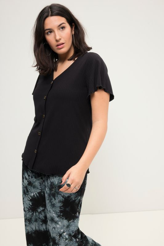 Ribbed shirt, classic shape, V-neck, wing half sleeves