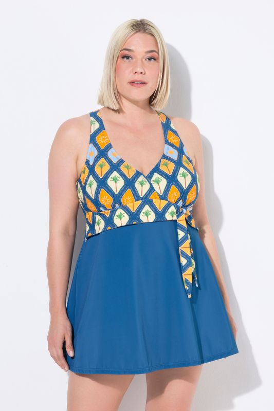 Tropical TIle Wrap Look Swim Dress