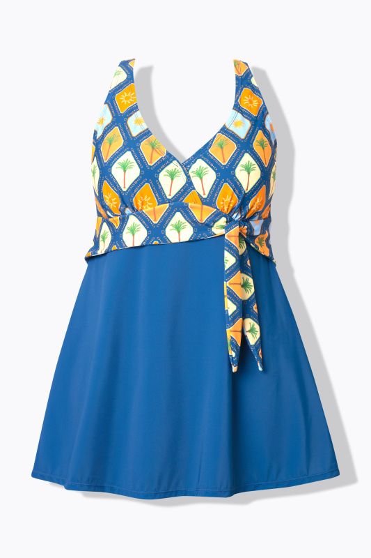 Tropical TIle Wrap Look Swim Dress