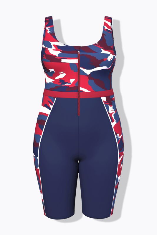 Abstract Print Unitard Zip Front Swimsuit