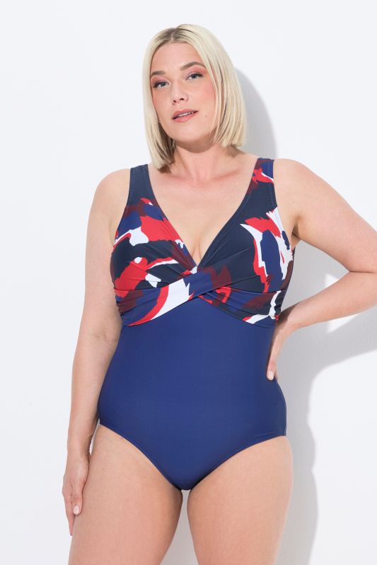 Abstract Print Crossed Front One Piece Swimsuit