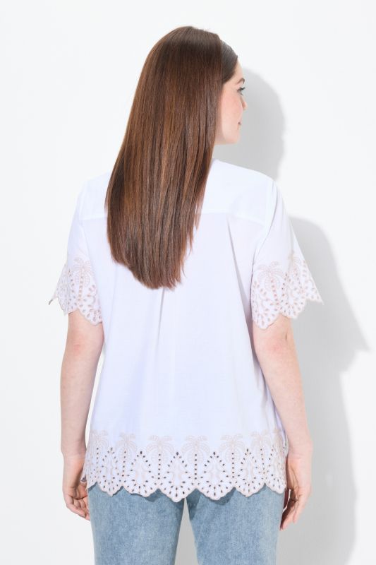 Eco Cotton Palm Trim Short Sleeve Button Down Blouse