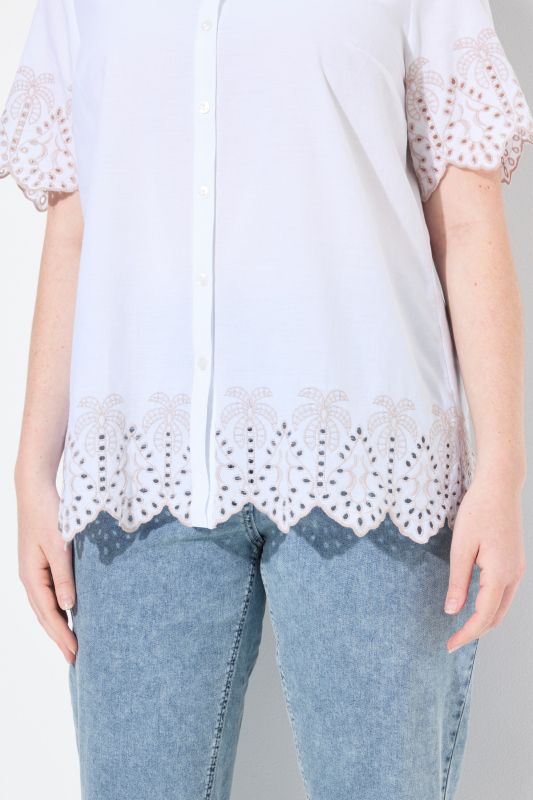 Eco Cotton Palm Trim Short Sleeve Button Down Blouse