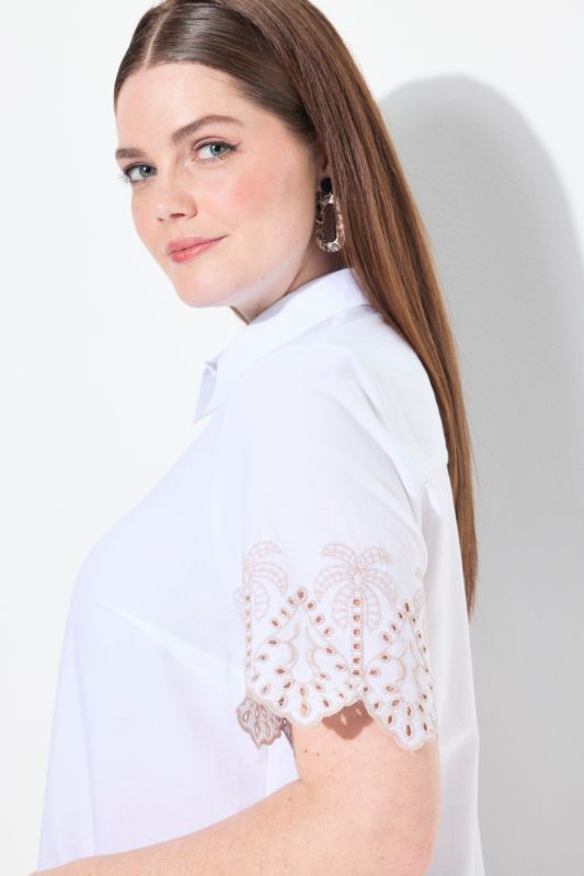 Eco Cotton Palm Trim Short Sleeve Button Down Blouse
