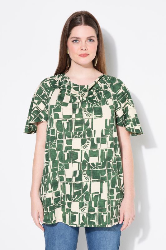 Eco Cotton Geometric Print Waterfall Neckline Tee