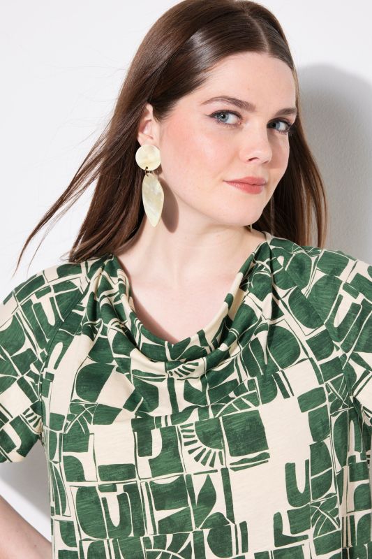 Eco Cotton Geometric Print Waterfall Neckline Tee