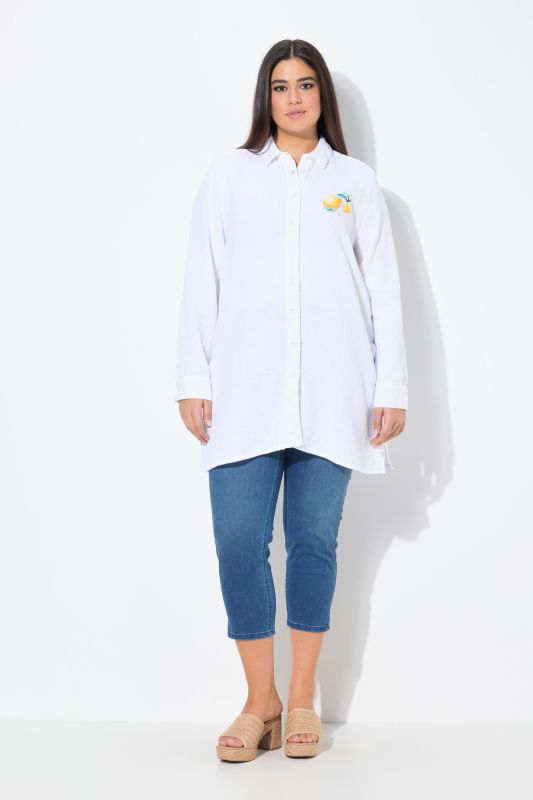 Lemon Embroidered Long Sleeve Button Down Tunic Blouse