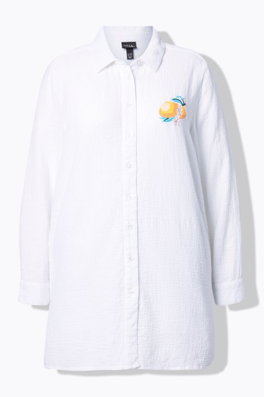 Lemon Embroidered Long Sleeve Button Down Tunic Blouse
