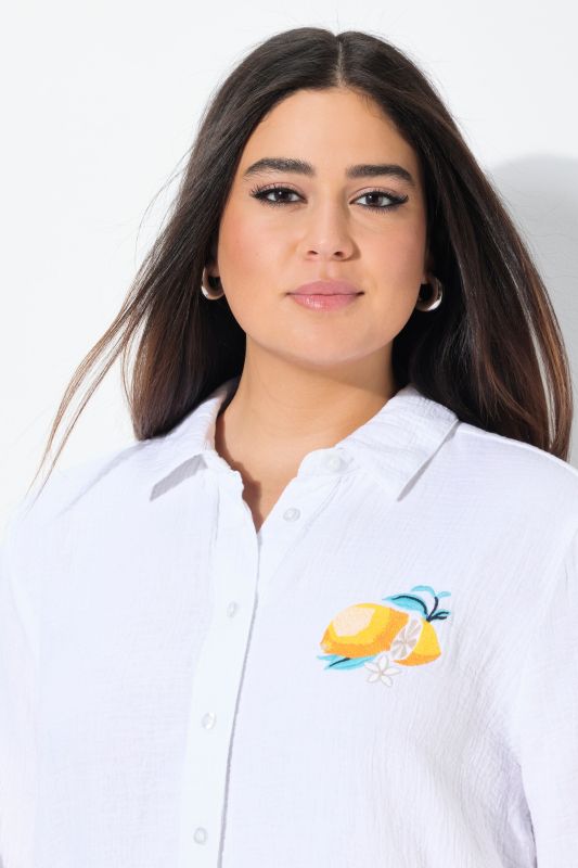 Lemon Embroidered Long Sleeve Button Down Tunic Blouse