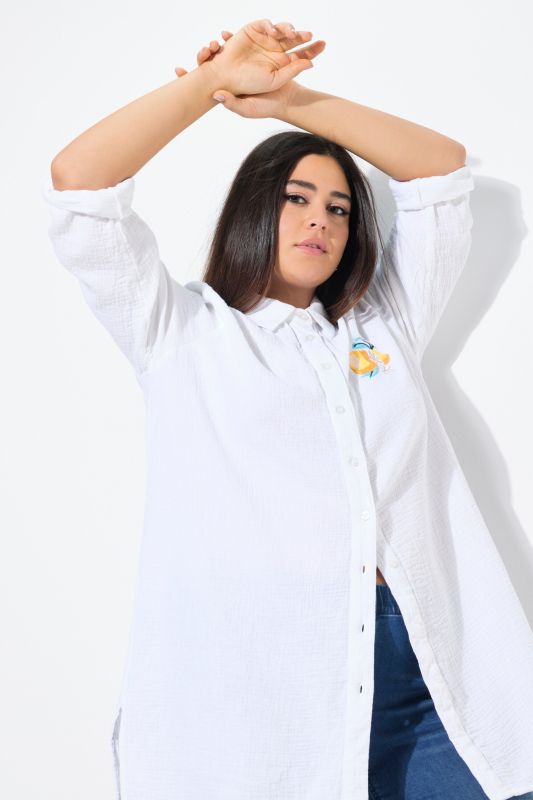 Lemon Embroidered Long Sleeve Button Down Tunic Blouse