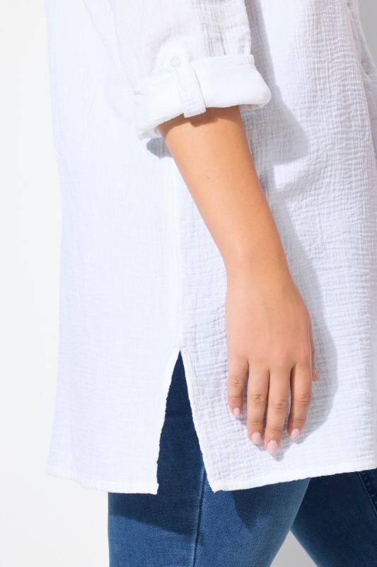 Lemon Embroidered Long Sleeve Button Down Tunic Blouse