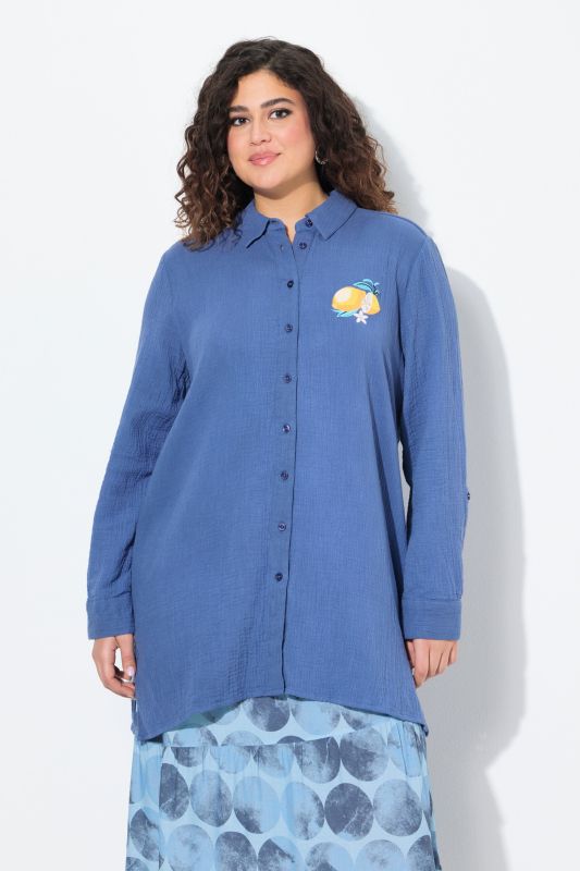 Lemon Embroidered Long Sleeve Button Down Tunic Blouse