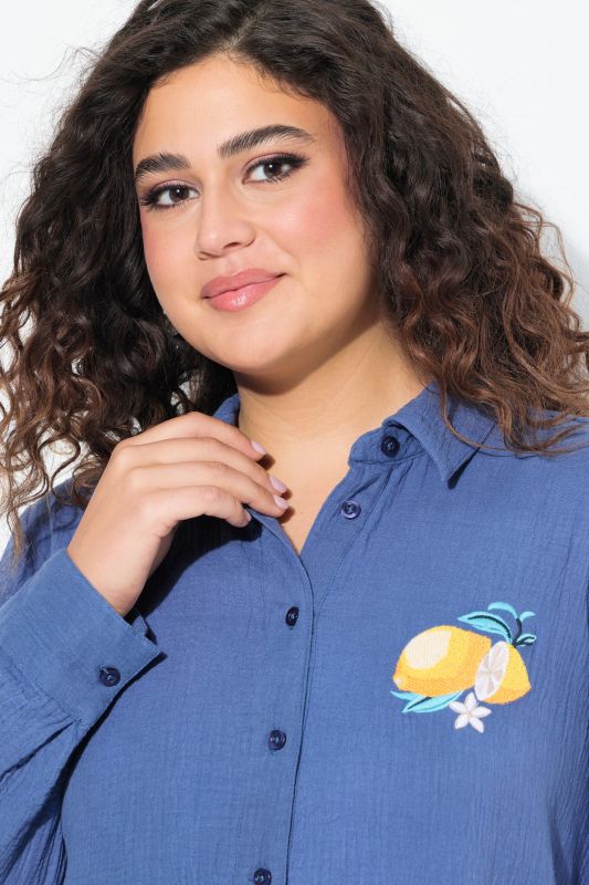 Lemon Embroidered Long Sleeve Button Down Tunic Blouse