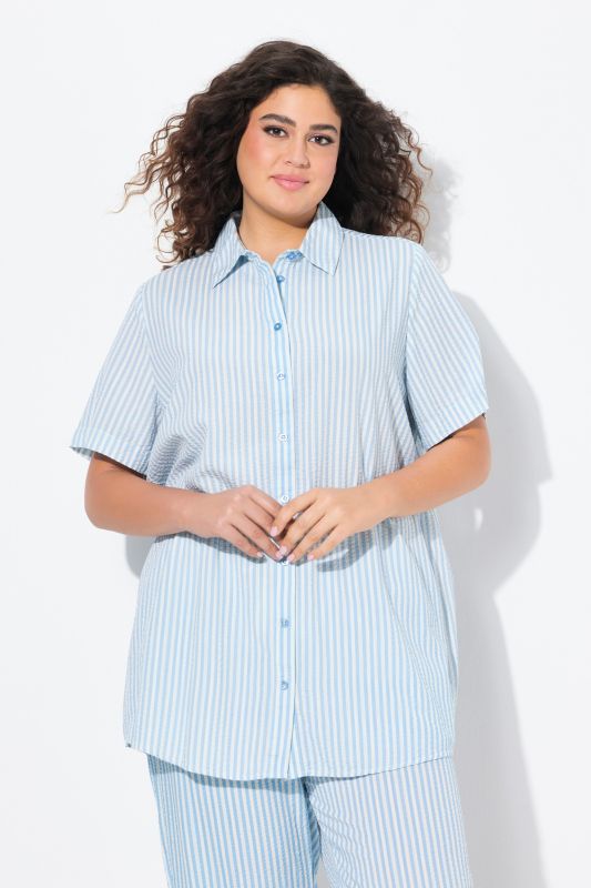 Longline Short Sleeve Seersucker Blouse