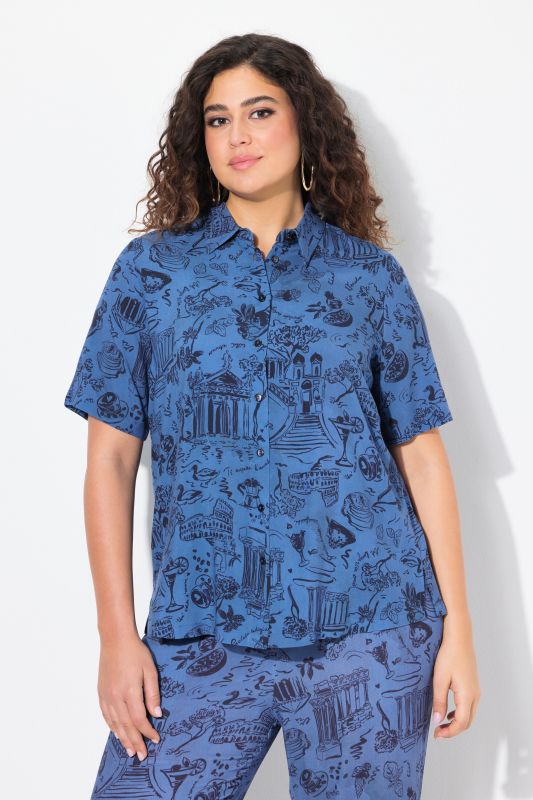 Italy Print Short Sleeve Button Down Blouse