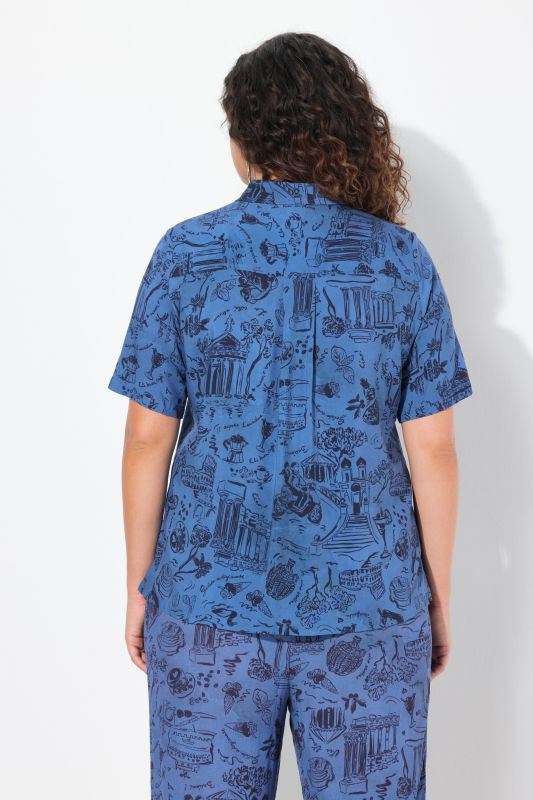 Italy Print Short Sleeve Button Down Blouse