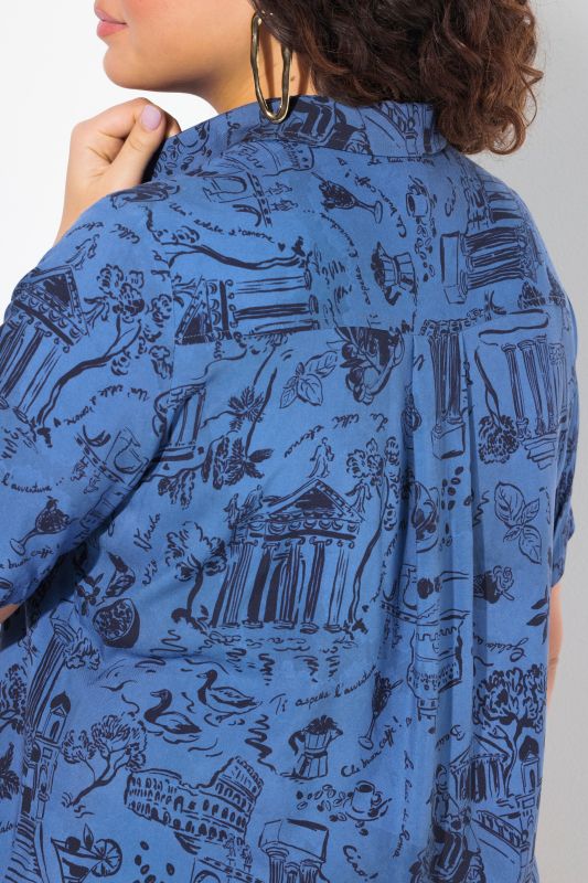 Italy Print Short Sleeve Button Down Blouse
