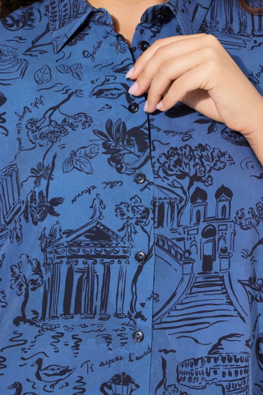 Italy Print Short Sleeve Button Down Blouse
