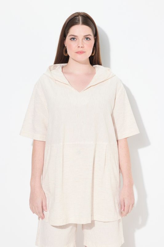 Eco Cotton Mixed Stripe Short Sleeve Hooded Blouse