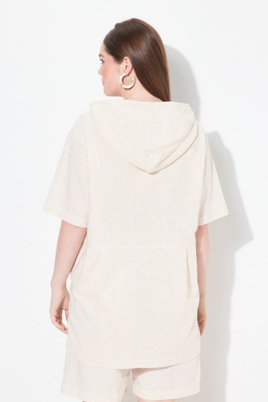 Eco Cotton Mixed Stripe Short Sleeve Hooded Blouse