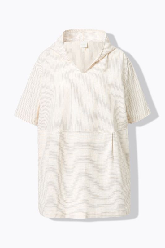 Eco Cotton Mixed Stripe Short Sleeve Hooded Blouse