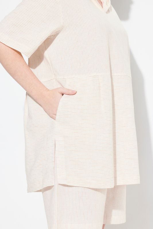 Eco Cotton Mixed Stripe Short Sleeve Hooded Blouse