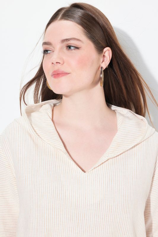 Eco Cotton Mixed Stripe Short Sleeve Hooded Blouse